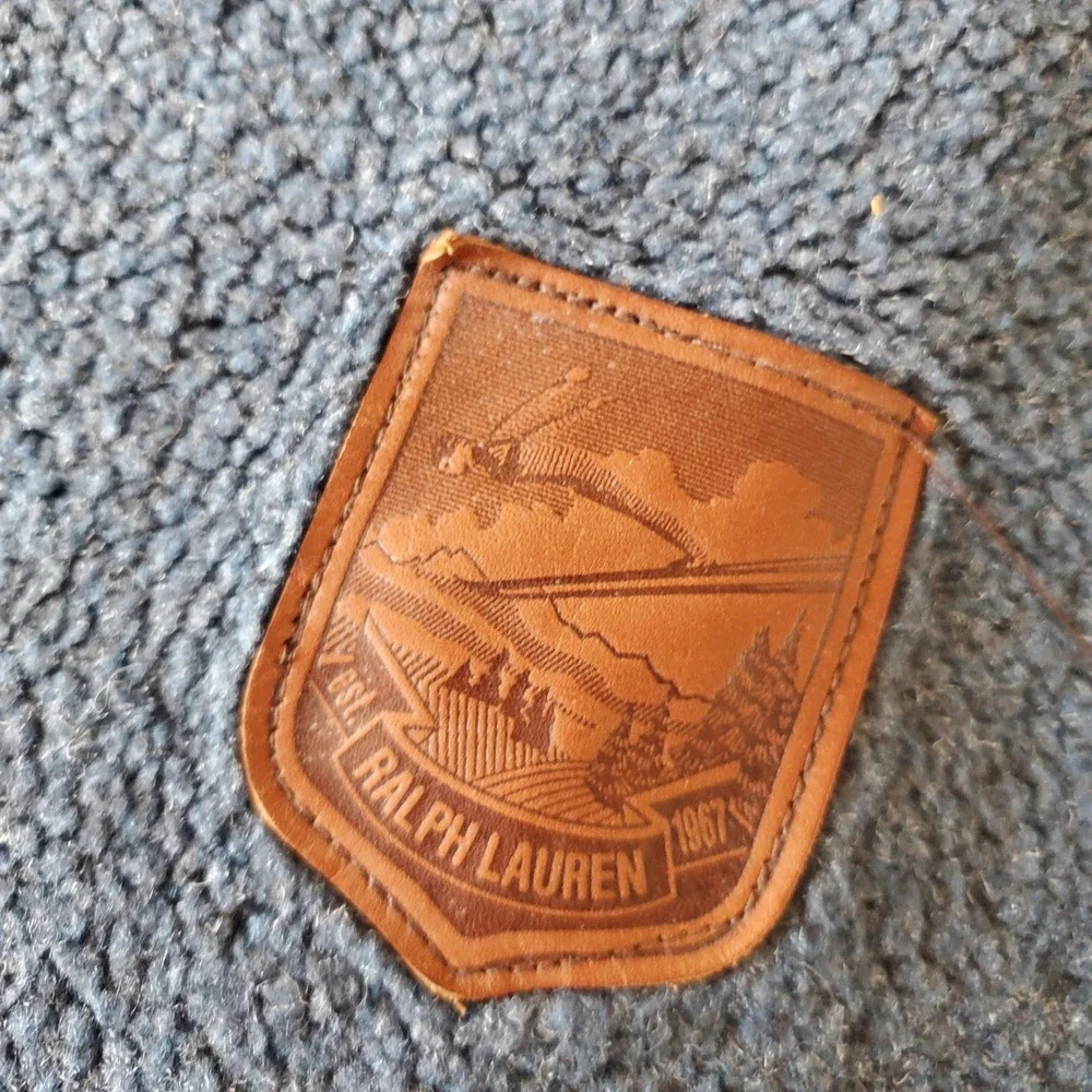 Vtg‎ Ralph Lauren Blue Fleece Throw Blanket Leather Patch 50x68 Rustic Cabin
